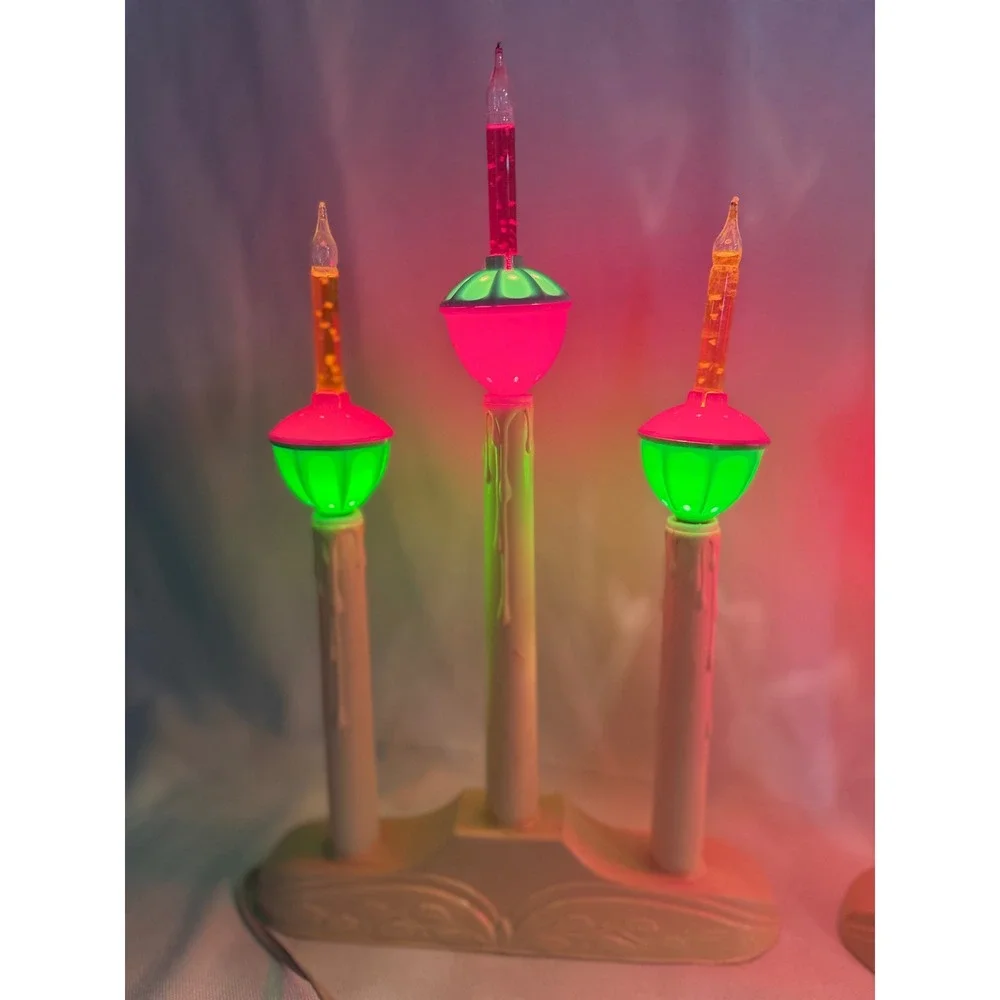 Vintage Christmas Bubble Light Candelabra Pair Red Green 3-Light